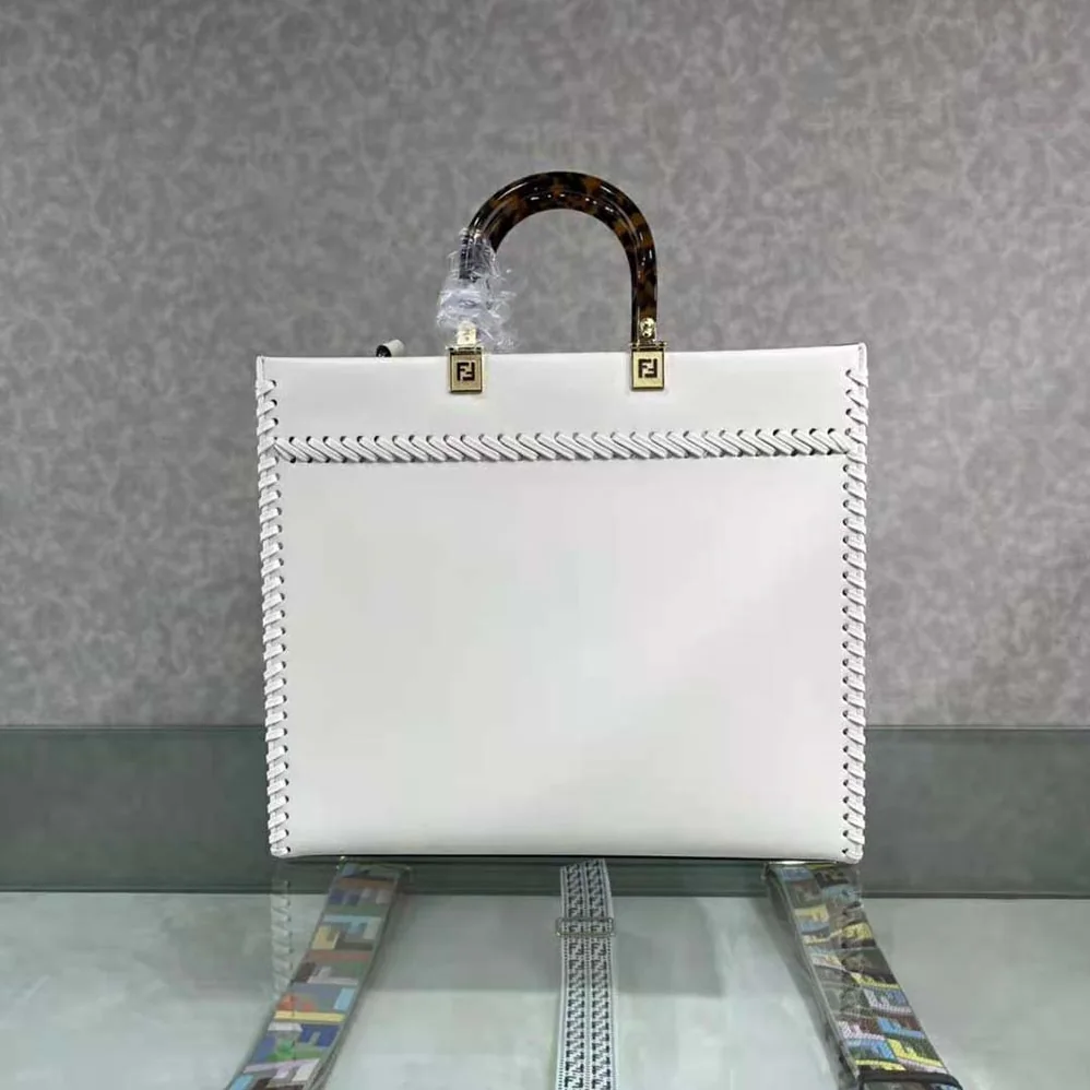 Fendi Sunshine Medium White Leather Shopper with Decorative Stitching for Women Fendi Sunshine Medium White Leather Shopper with Decorative Stitching for Women
