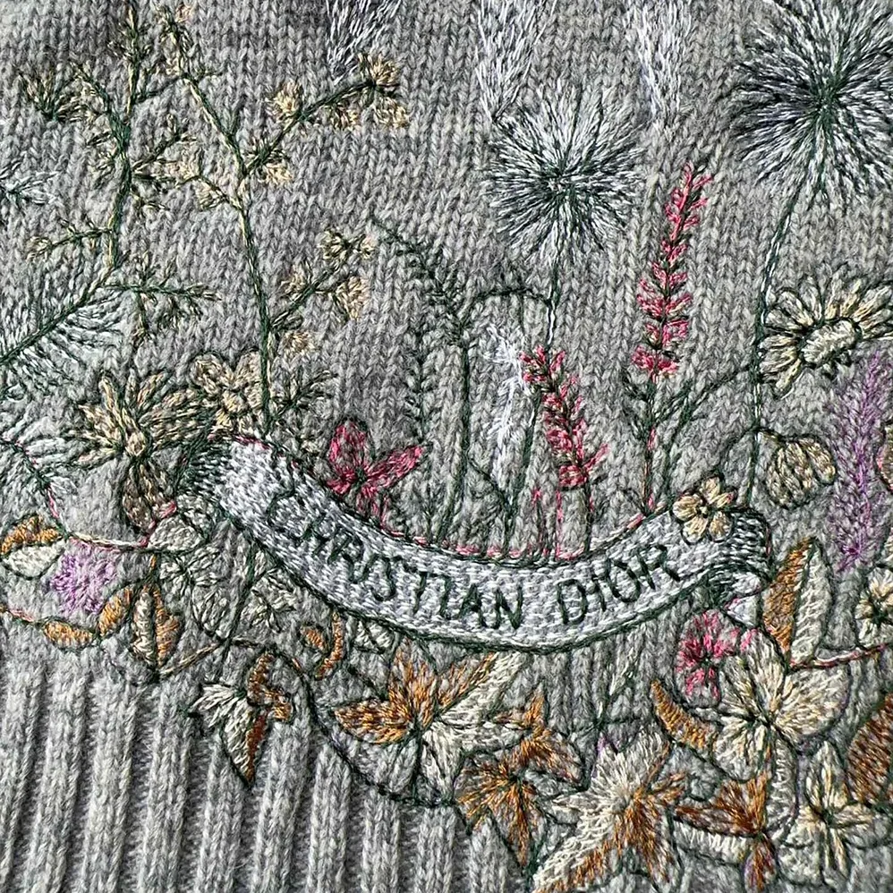 Dior Embroidered Sweater Gray Cashmere Knit with Multicolor Dior 4 Saisons Hiver Motif for Women