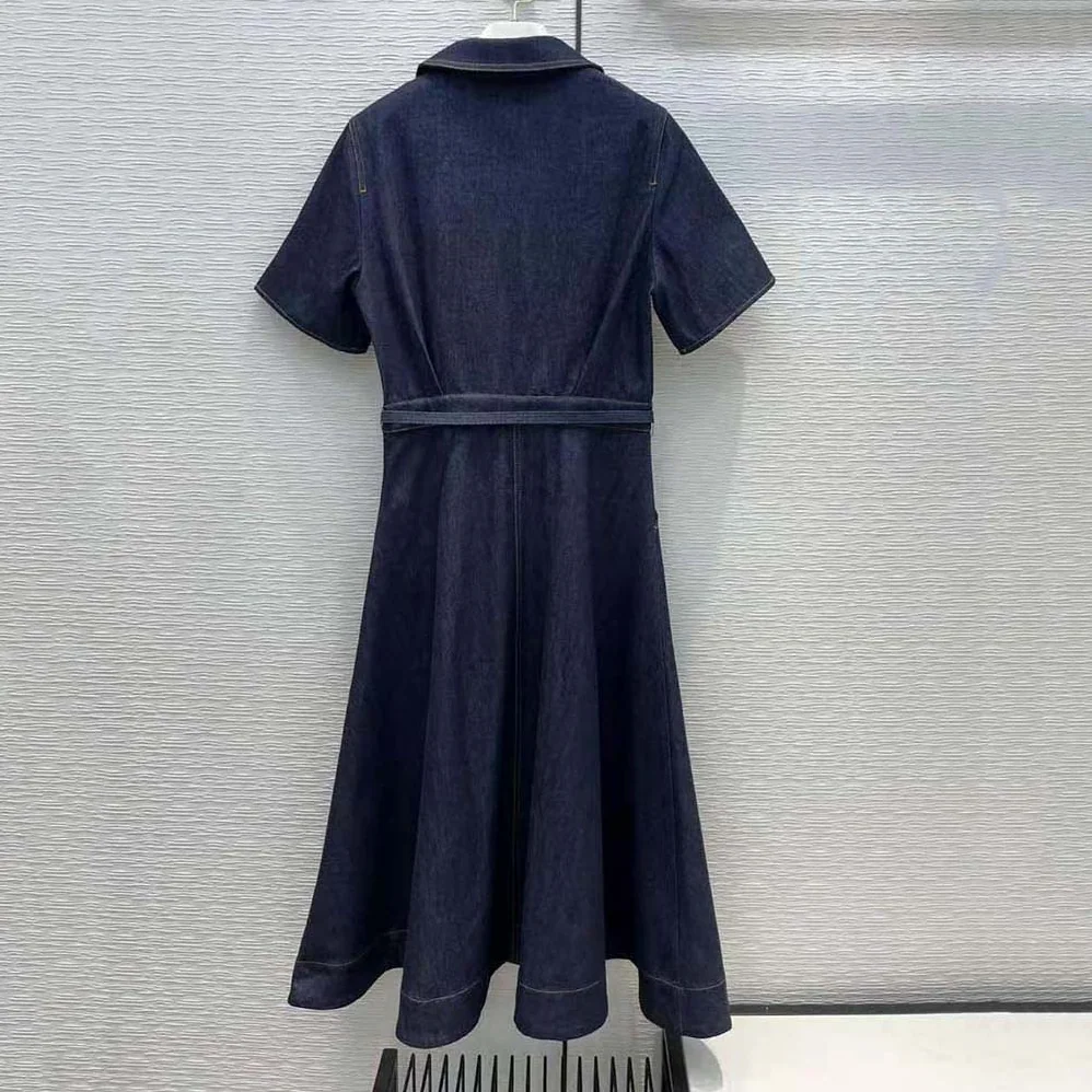 Dior Mid-Length Short-Sleeved Dress Deep Blue Cotton Denim for Women Dior Mid-Length Short-Sleeved Dress Deep Blue Cotton Denim for Women