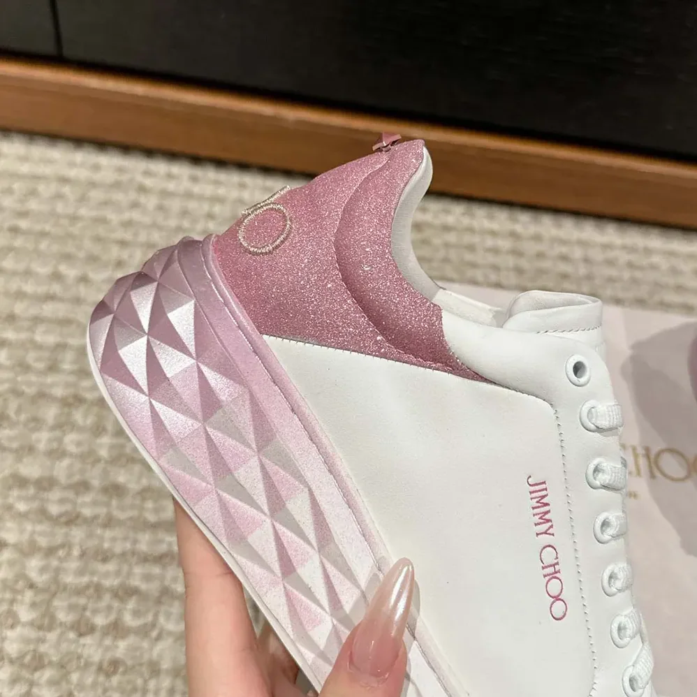 Jimmy Choo Diamond Maxi/F II White & Rose Nappa Leather Glitter Trainers for Women Jimmy Choo Diamond Maxi/F II White & Rose Nappa Leather Glitter Trainers for Women