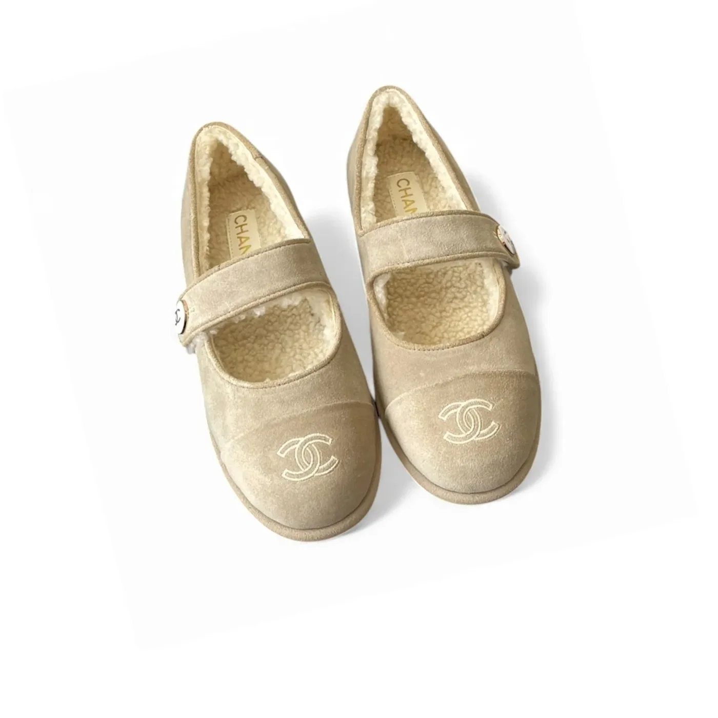 Chanel Mary Jane Flats Beige Suede Shearling Chanel Mary Jane Flats Beige Suede Shearling