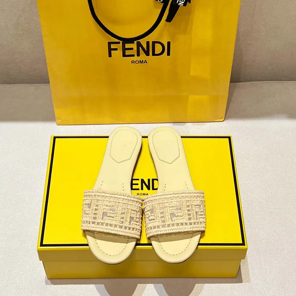 Fendi Sunshine Mesh Slides with Raffia FF Embroidery for Women