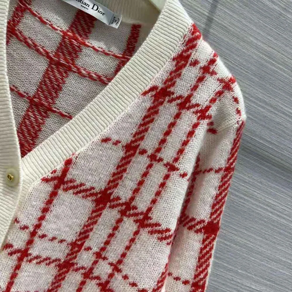 Dior Buttoned Cardigan Raspberry and Ecru Check'n'Dior Pop Technical Wool for Women