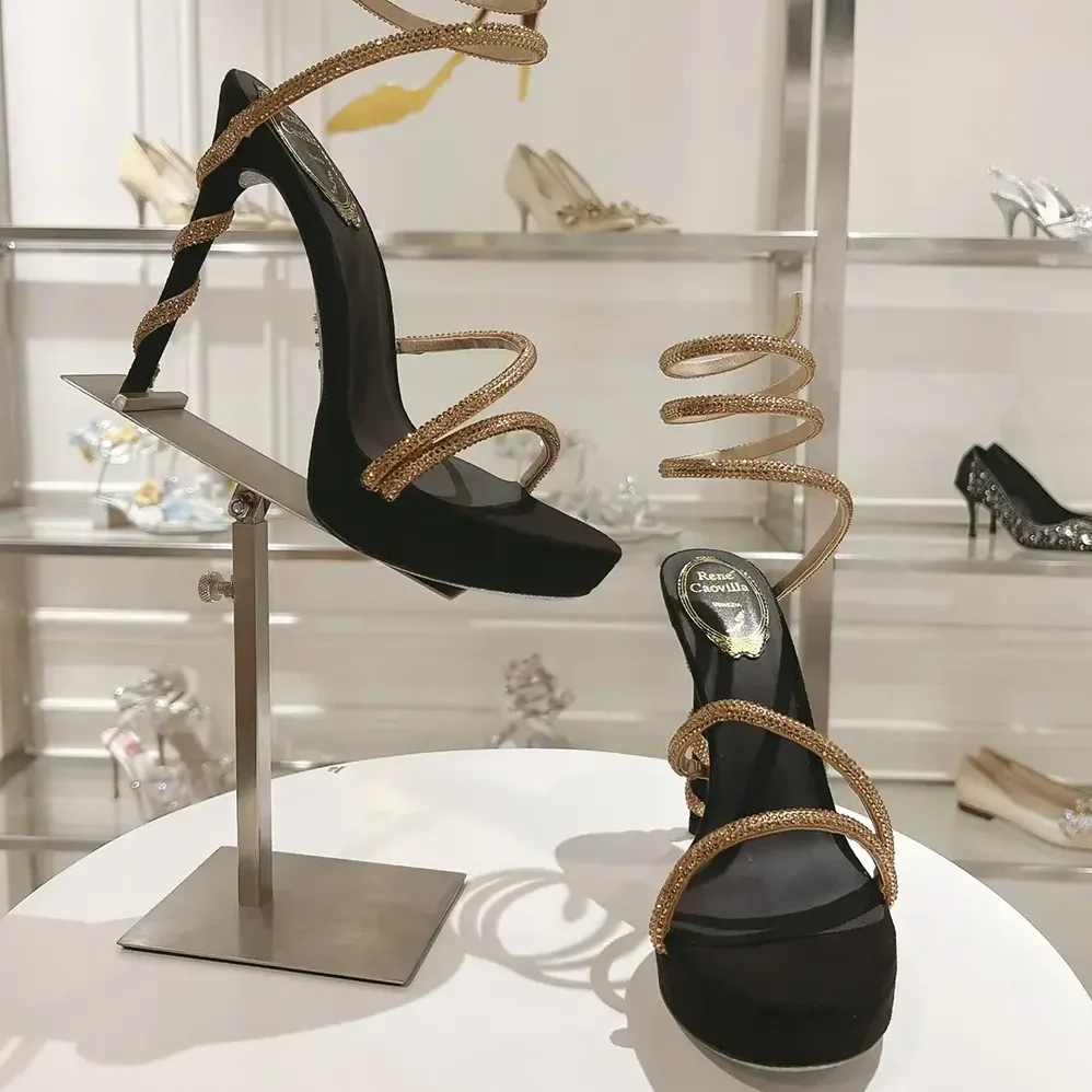 Rene Caovilla Margot Crystal Black-gold Platform Sandal 130 for Women Rene Caovilla Margot Crystal Black-gold Platform Sandal 130 for Women