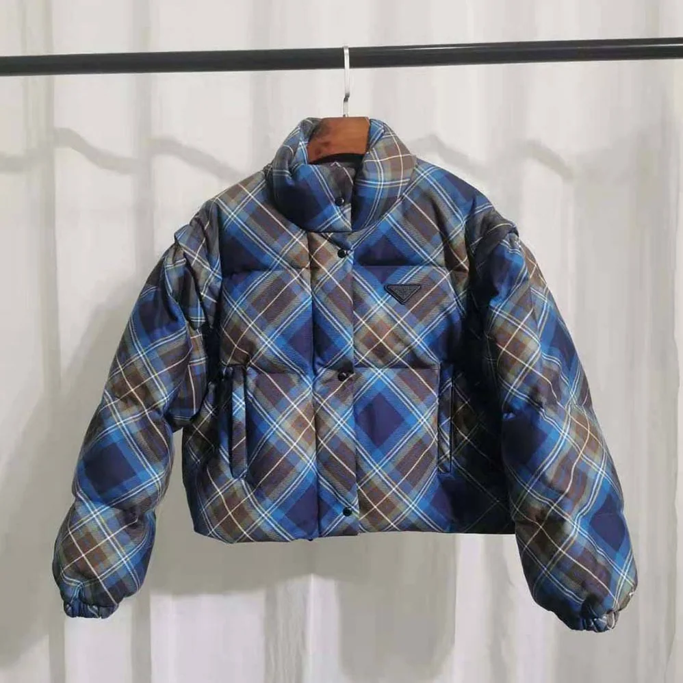Prada Cropped Plaid Puffer Jacket for Women in Blue