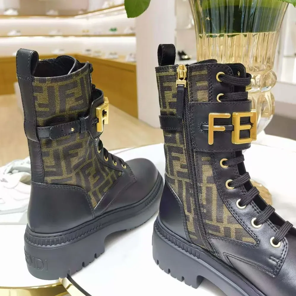 Fendi Fendigraphy Black Leather Biker Boots with Stretch Fabric for Women Fendi Fendigraphy Black Leather Biker Boots with Stretch Fabric for Women