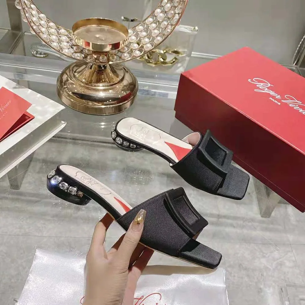 Roger Vivier Strass Heel Covered Buckle Mules in Satin for Women in Black Roger Vivier Strass Heel Covered Buckle Mules in Satin for Women in Black