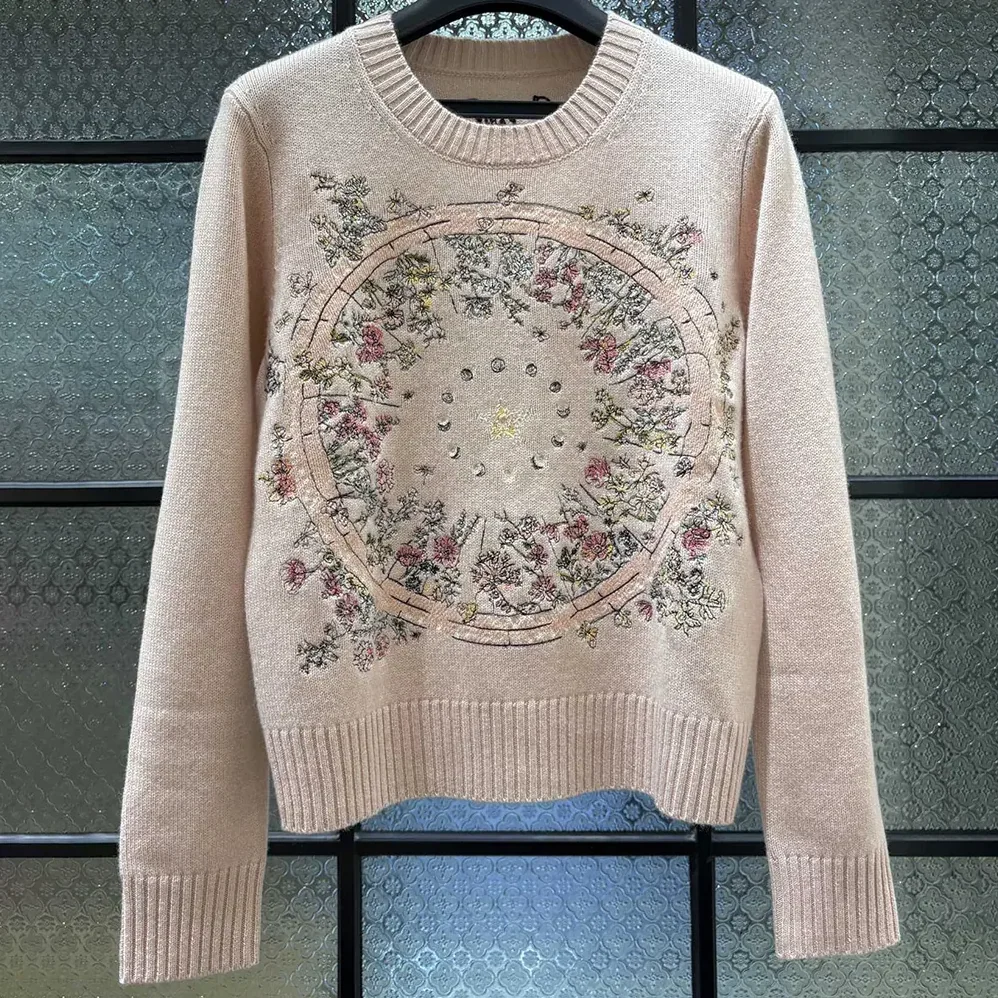 Dior Embroidered Sweater Cashmere Knit with Pink Dior Astral Flowers Motif for Women Dior Embroidered Sweater Cashmere Knit with Pink Dior Astral Flowers Motif for Women