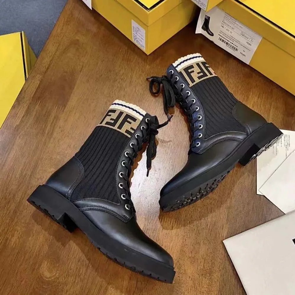 Fendi Rockoko Black Leather Biker Boots with Stretch Fabric for Women Fendi Rockoko Black Leather Biker Boots with Stretch Fabric for Women