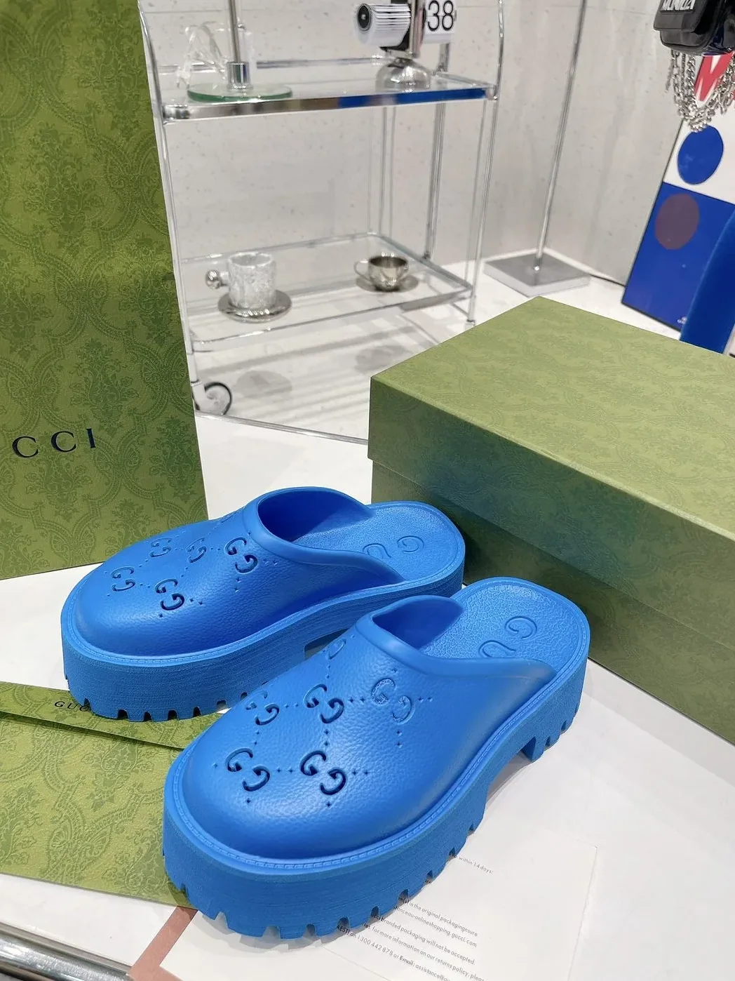 Gucci Platform Perforated G Sandal Light Blue for Women Gucci Platform Perforated G Sandal Light Blue for Women