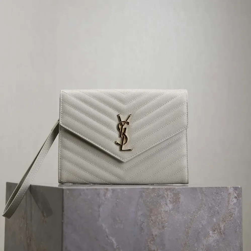 Saint Laurent YSL Cassandre Matelassé Flap Pouch In Grain De Poudre Leather White for Women