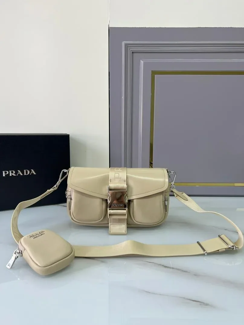 Prada Pocket Nylon And Brushed Bag Beige