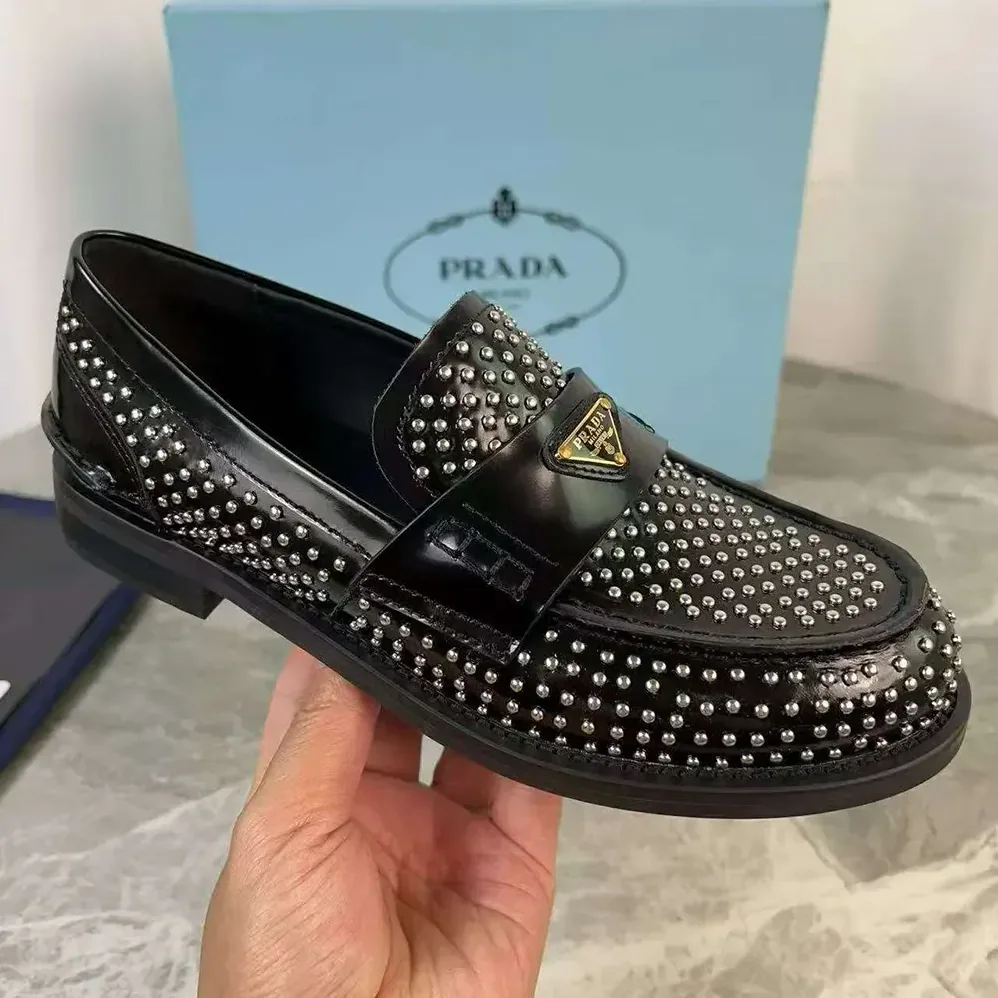 Prada Chocolate Satin Loafers with Crystals for Women in Black