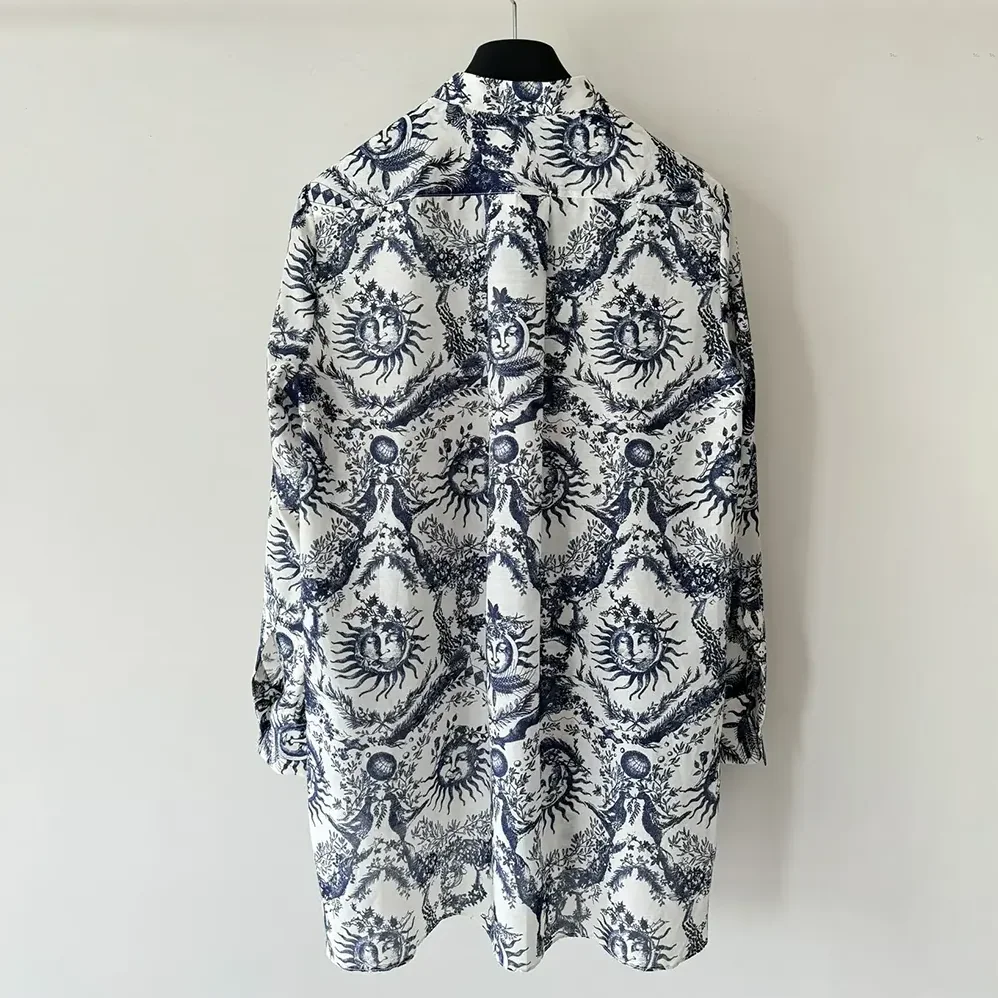Dior Long Blouse White and Navy Blue Cotton Muslin with Toile de Jouy Soleil Motif for Women Dior Long Blouse White and Navy Blue Cotton Muslin with Toile de Jouy Soleil Motif for Women