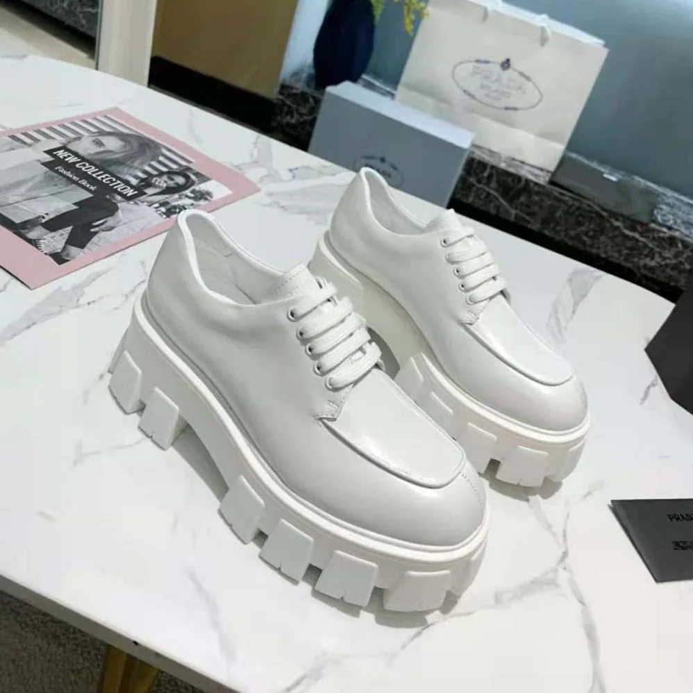 Prada Monolith Brushed Leather Lace-up Shoes for Women in White Prada Monolith Brushed Leather Lace-up Shoes for Women in White