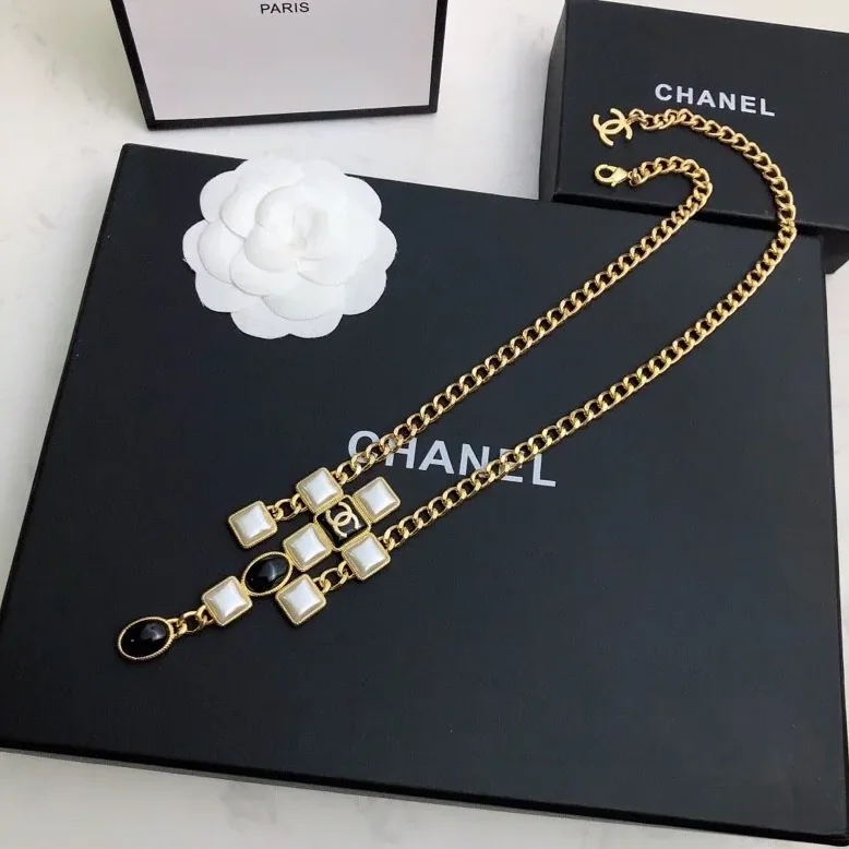 Chanel Morden Stone Necklace Gold Tone