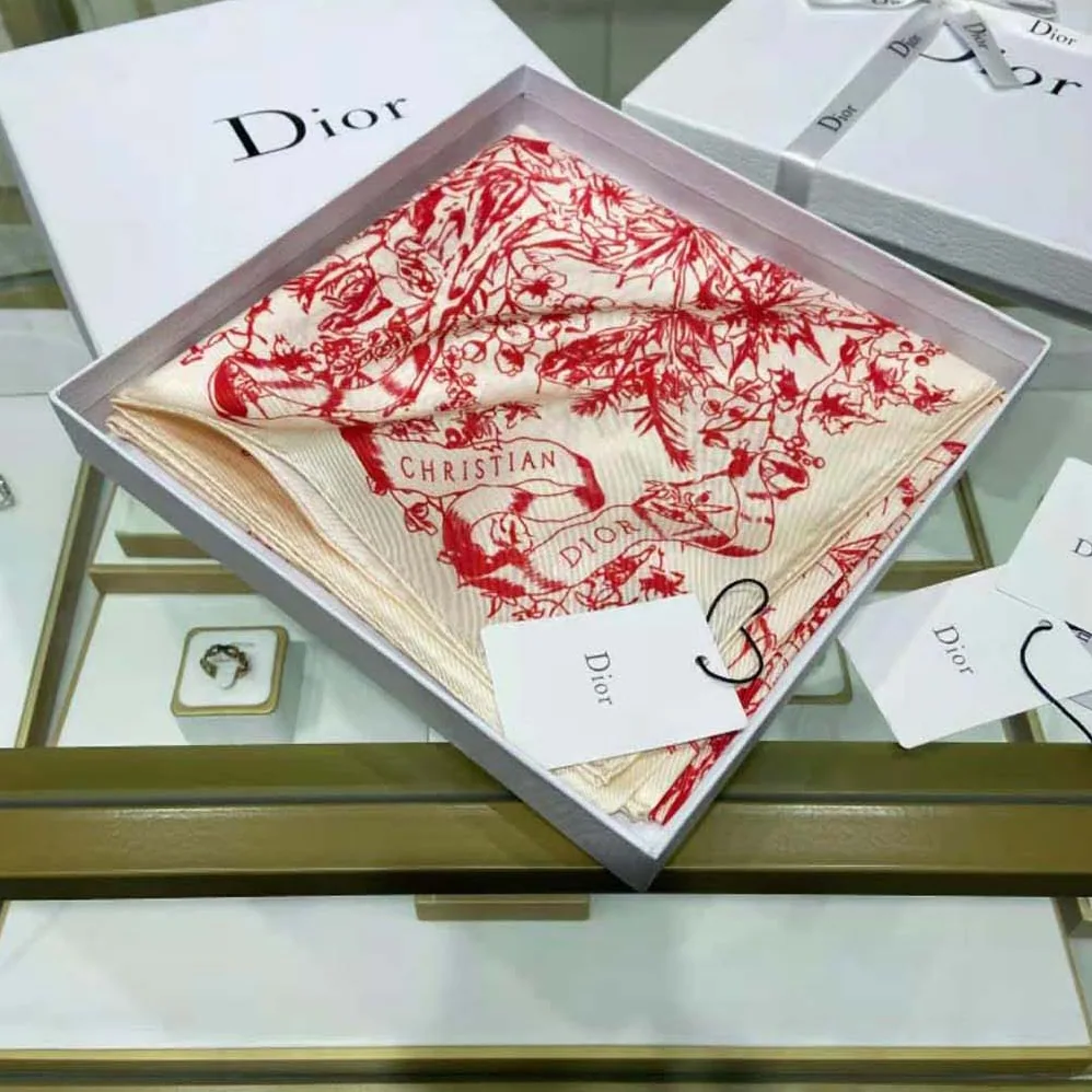 Dior Toile De Jouy Flowers Square Scarf Ivory and Red Silk Twill for Women Dior Toile De Jouy Flowers Square Scarf Ivory and Red Silk Twill for Women