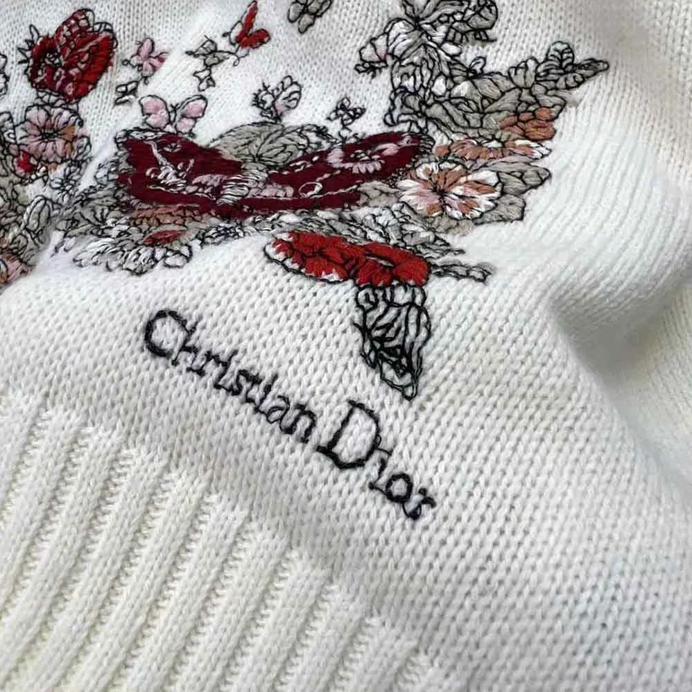 Dior Sweater White Cashmere with Multicolor Butterfly Motif for Women