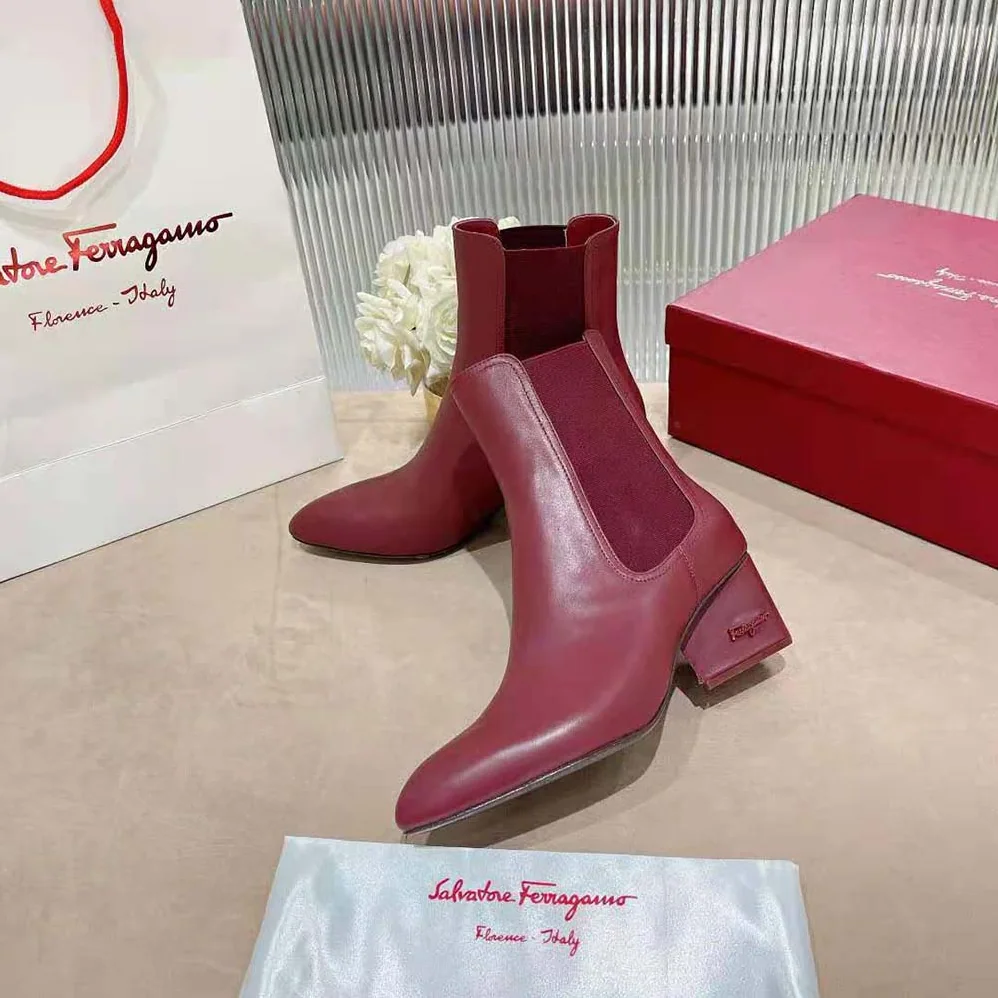 Salvatore Ferragamo Chelsea Boot in 55mm Heel for Women in Maroon Salvatore Ferragamo Chelsea Boot in 55mm Heel for Women in Maroon
