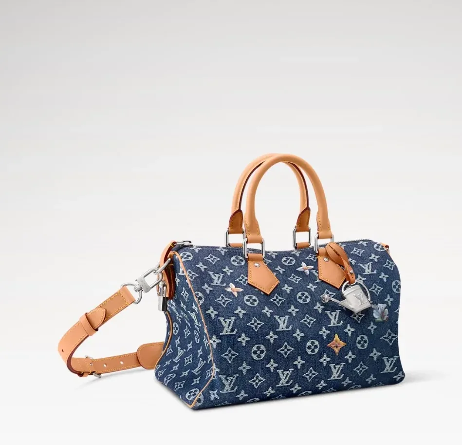 Louis Vuitton Speedy Bandouliere 30 Top Handle Bag / Blue Monogram Flowers Denim Silver Hardware
