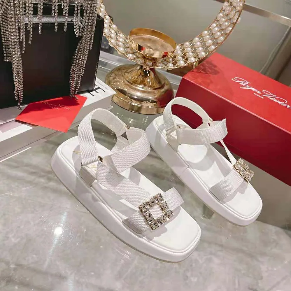 Roger Vivier Vivier Slide Trekky Strass Buckle Sandals in Fabrics for Women in White