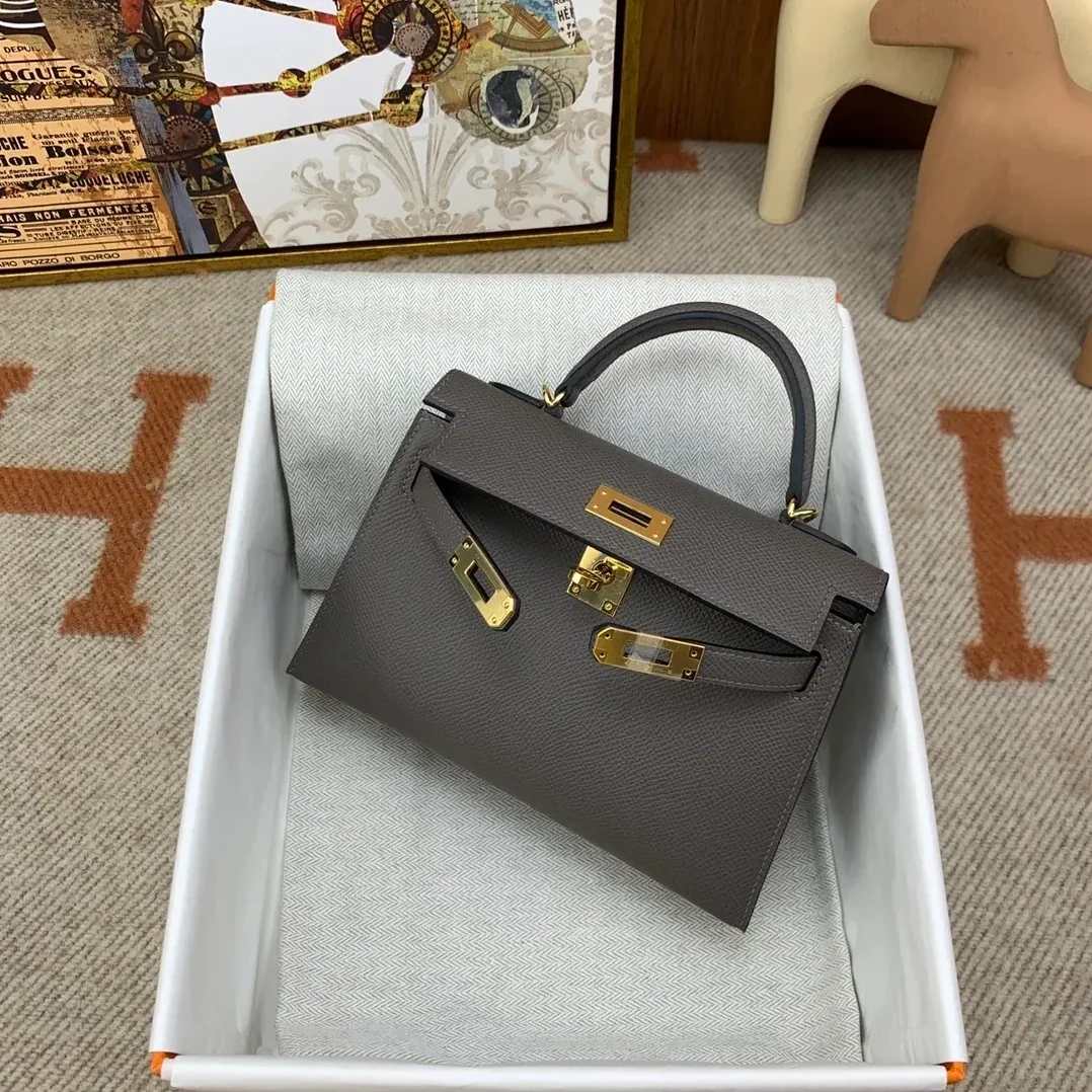 Hermes Kelly Mini Top Handle Bag / Dark Grey Epsom Gold Hardware