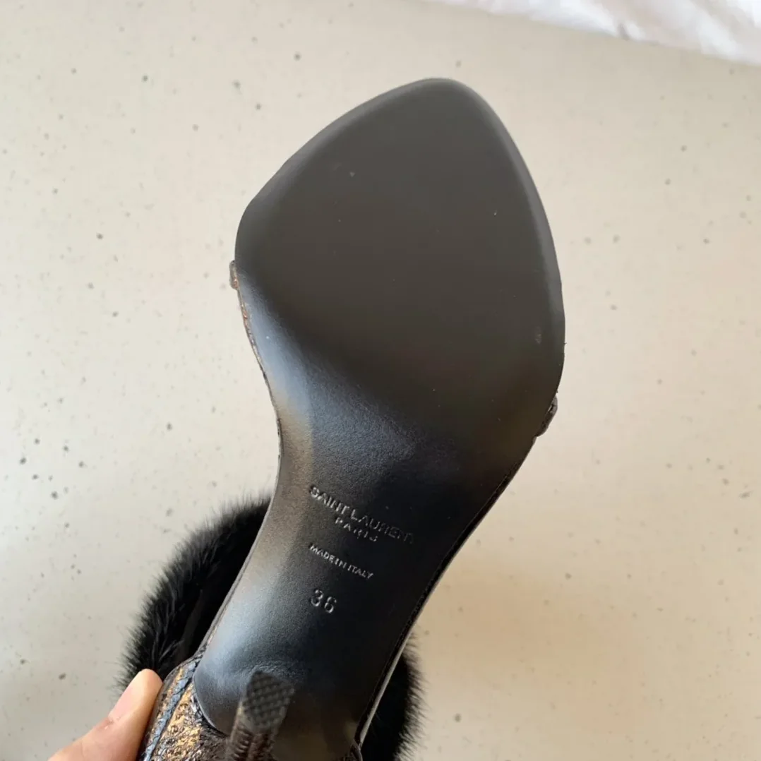 Saint Laurent Faux Fur Ankle in Cuff Sandals Black