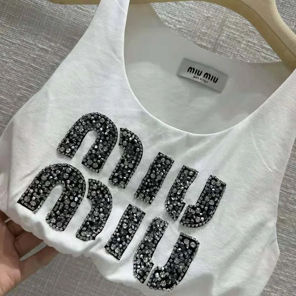 Miu Miu Embroidered Jersey Top with Embroidered Logo for Women Miu Miu Embroidered Jersey Top with Embroidered Logo for Women