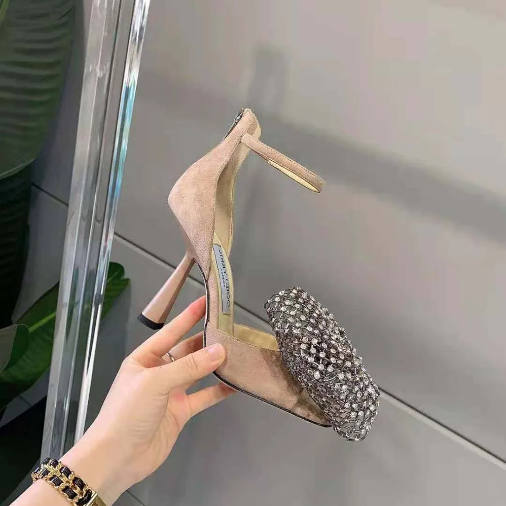 Jimmy Choo Mana 100 Ballet Pink Suede Sandals with Crystal Bow Clasp for Women Jimmy Choo Mana 100 Ballet Pink Suede Sandals with Crystal Bow Clasp for Women