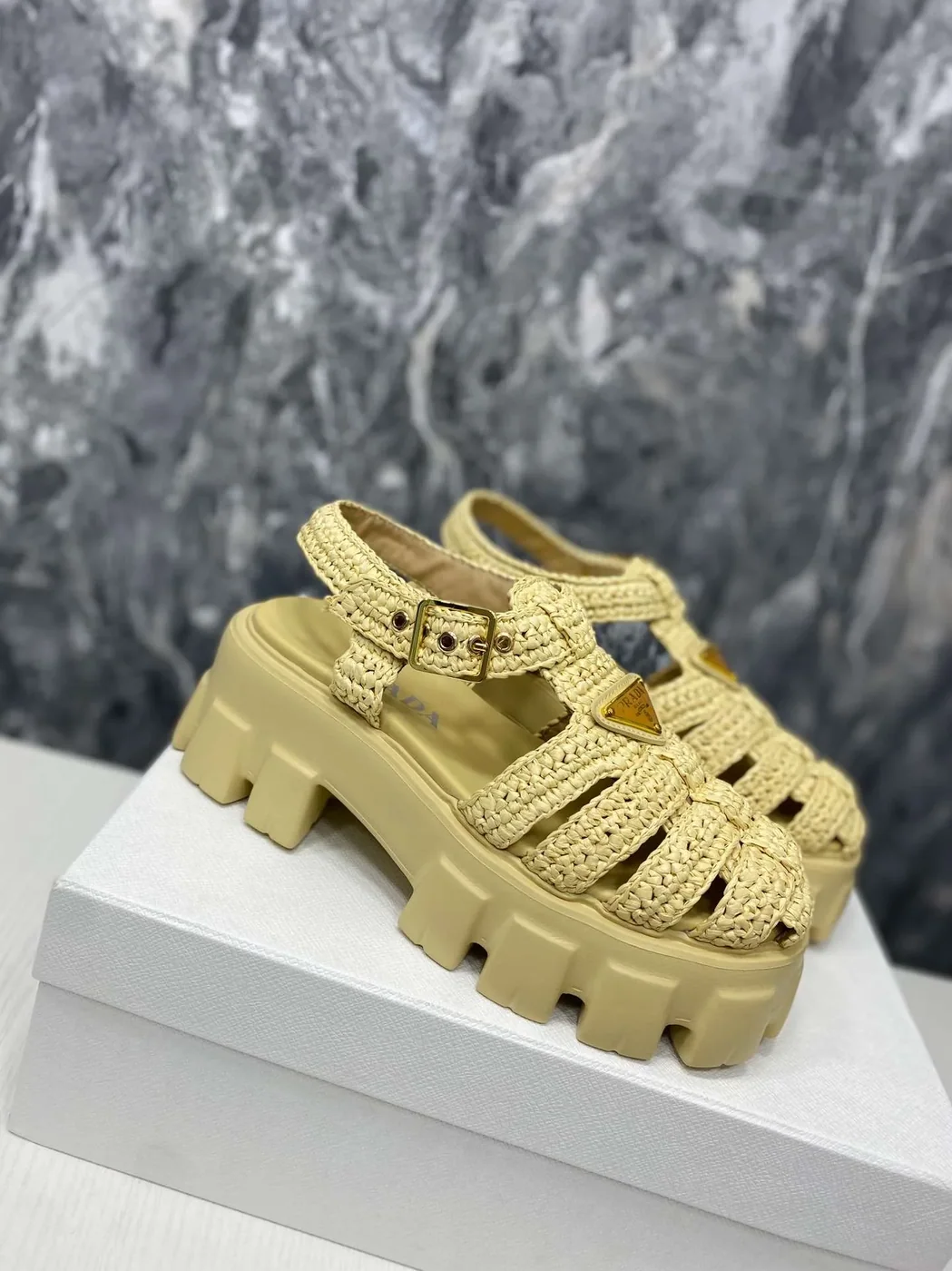 Prada Monolith Crochet Cage Sandals Yellow Prada Monolith Crochet Cage Sandals Yellow