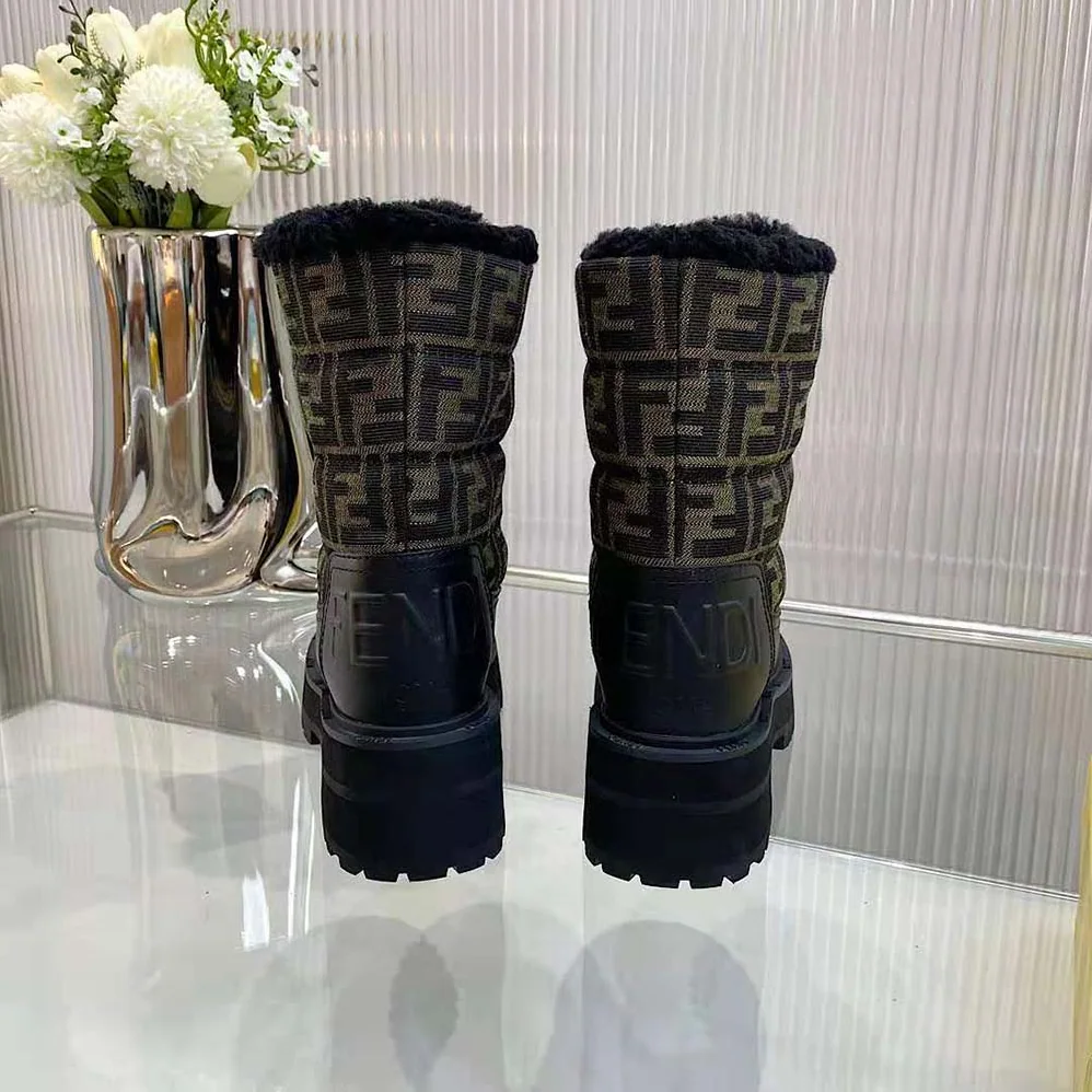 Fendi Signature Biker Boots Black Leather Biker Boots with FF Fabric for Women