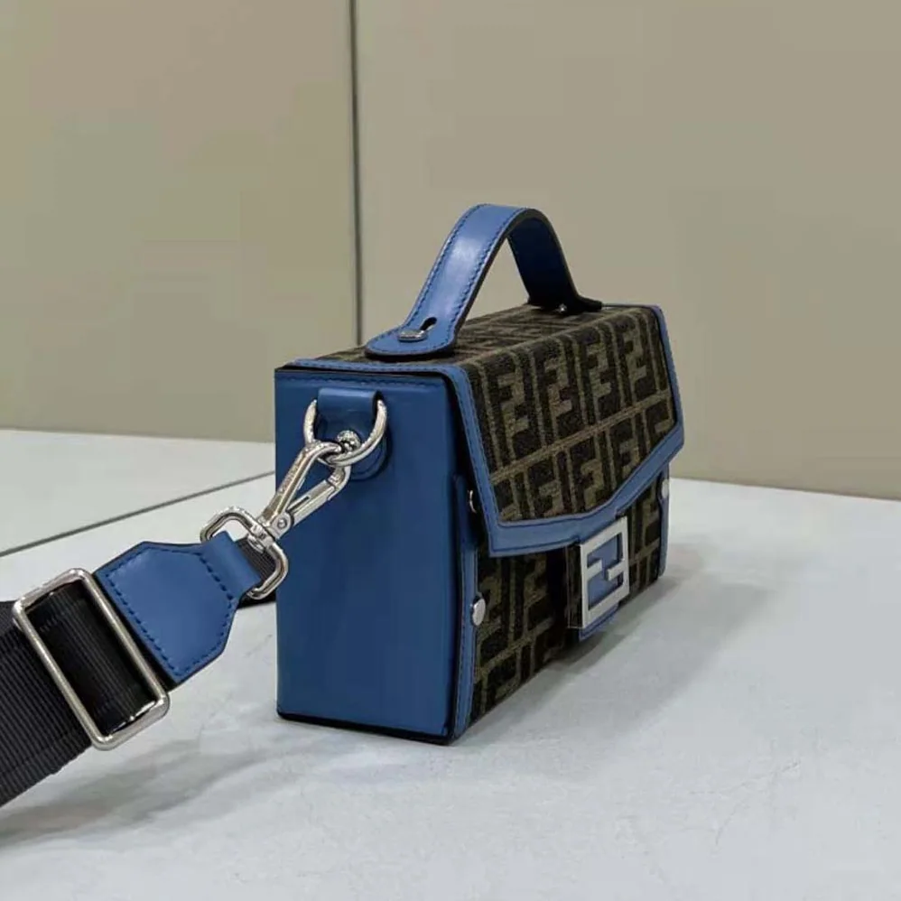 Fendi Soft Trunk Baguette Blue Leather and FF Fabric Bag for Men Fendi Soft Trunk Baguette Blue Leather and FF Fabric Bag for Men