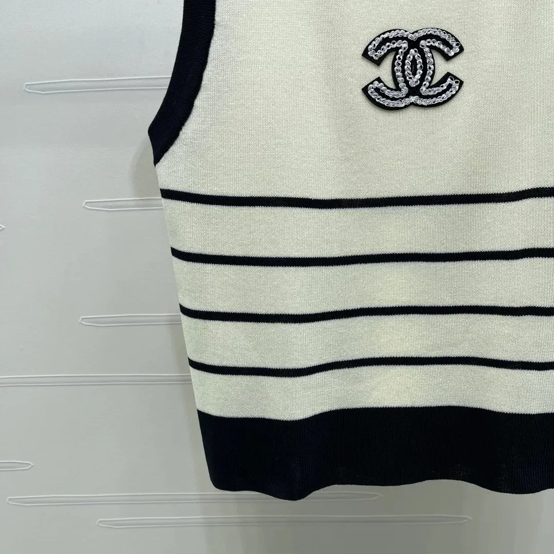 Chanel Striped Sleeveless Top Black in White