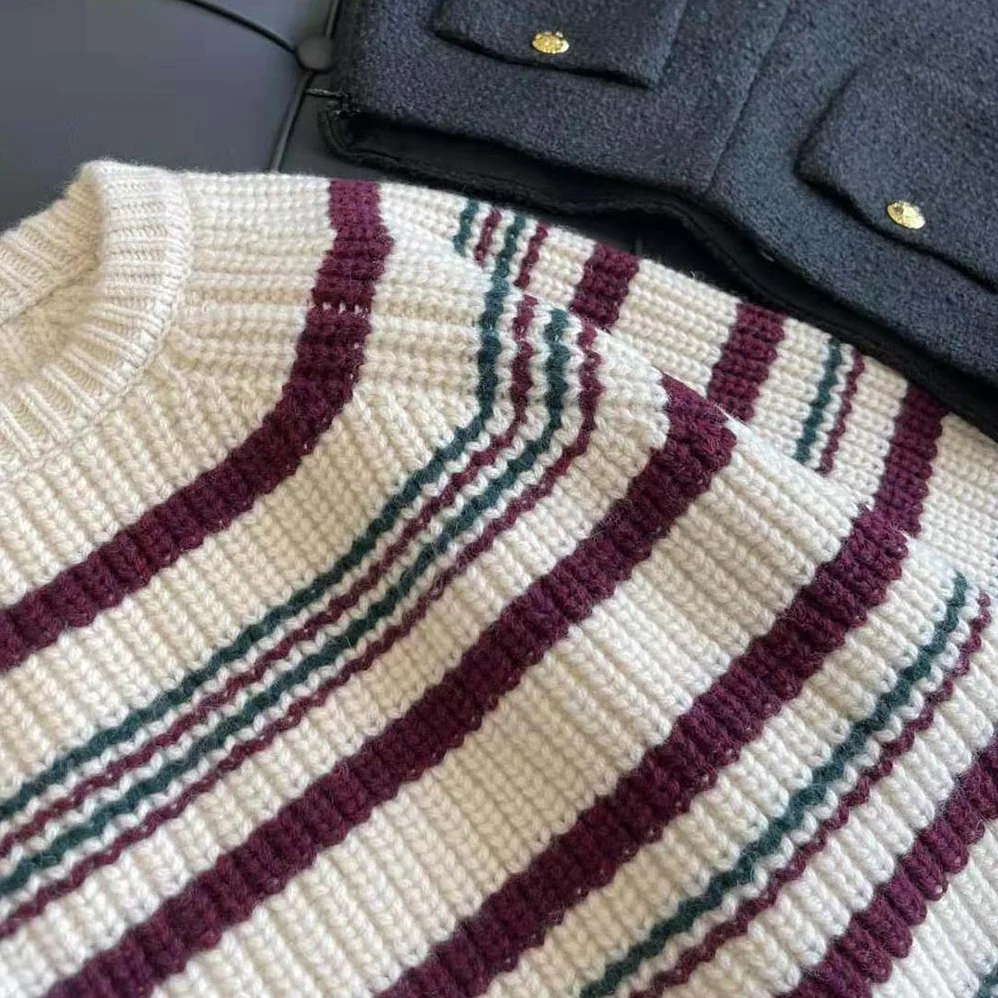 Celine Crew Neck Sweater in Striped Ribbed Wool for Women