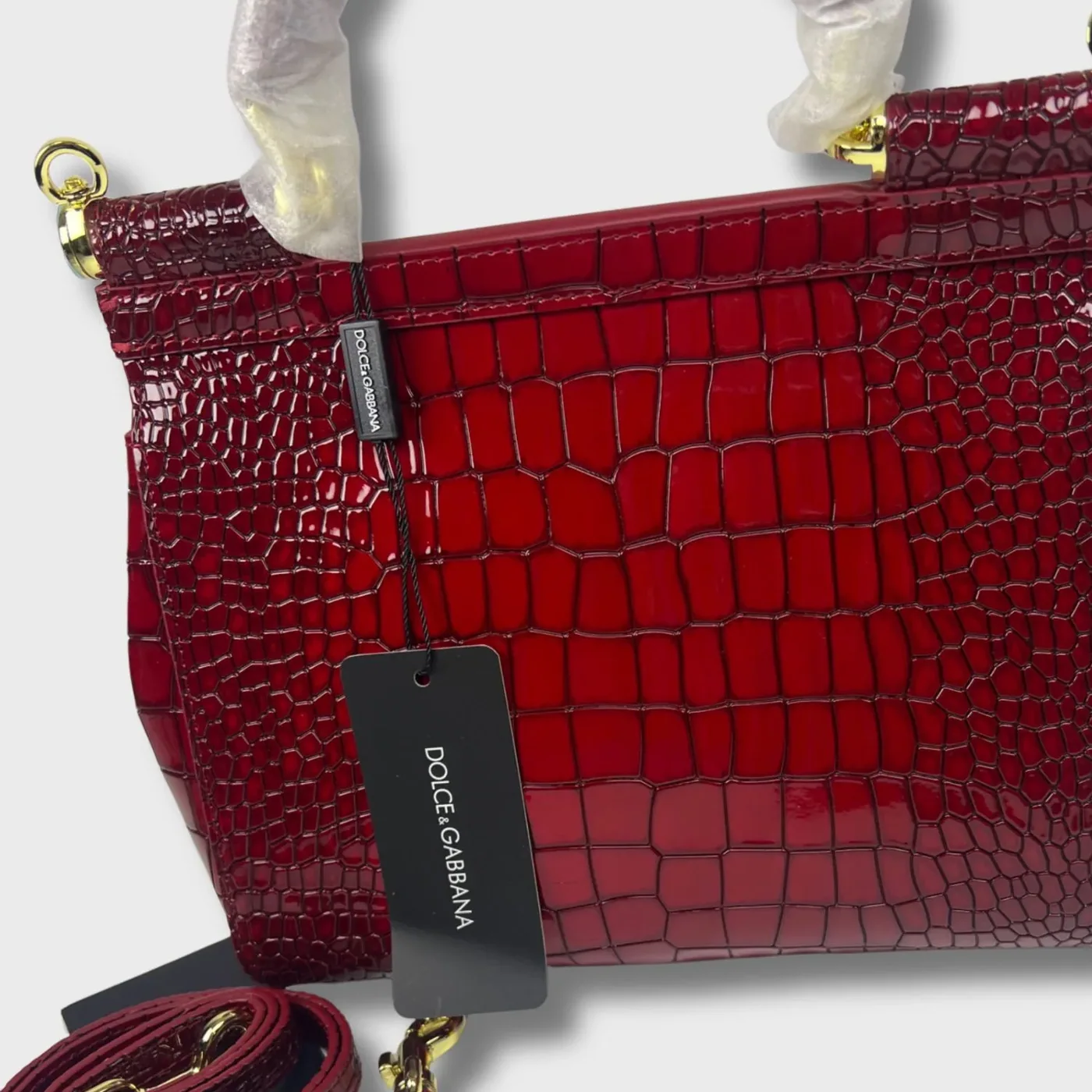 Dolce & Gabbana Medium Sicily Bag In Foiled Crocodile in Print Burgundy / DG