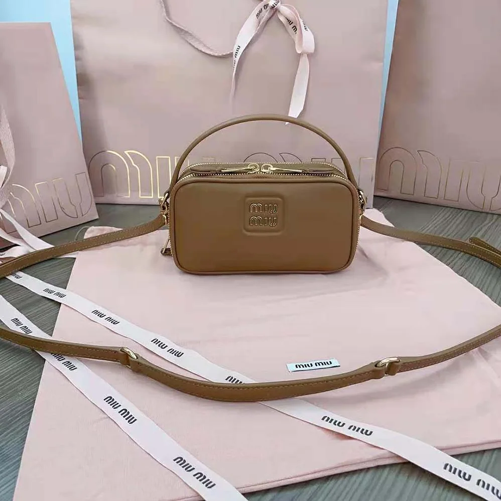 Miu Miu Arcadie Leather Bag with Metal Lettering Logo for Women in Brown Miu Miu Arcadie Leather Bag with Metal Lettering Logo for Women in Brown