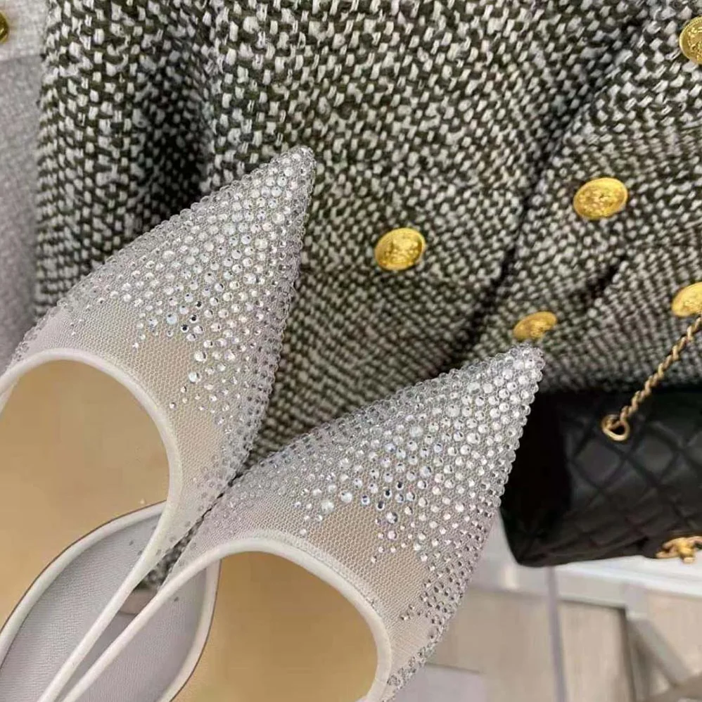 Jimmy Choo Love 85 White Mesh Pointed-Toe Pumps with Degrade Crystals for Women