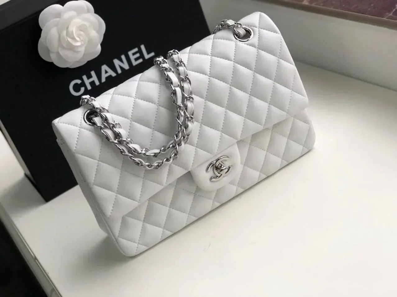 Chanel Classic Double Flap Bag Medium Crossbody in White Silver Hardware