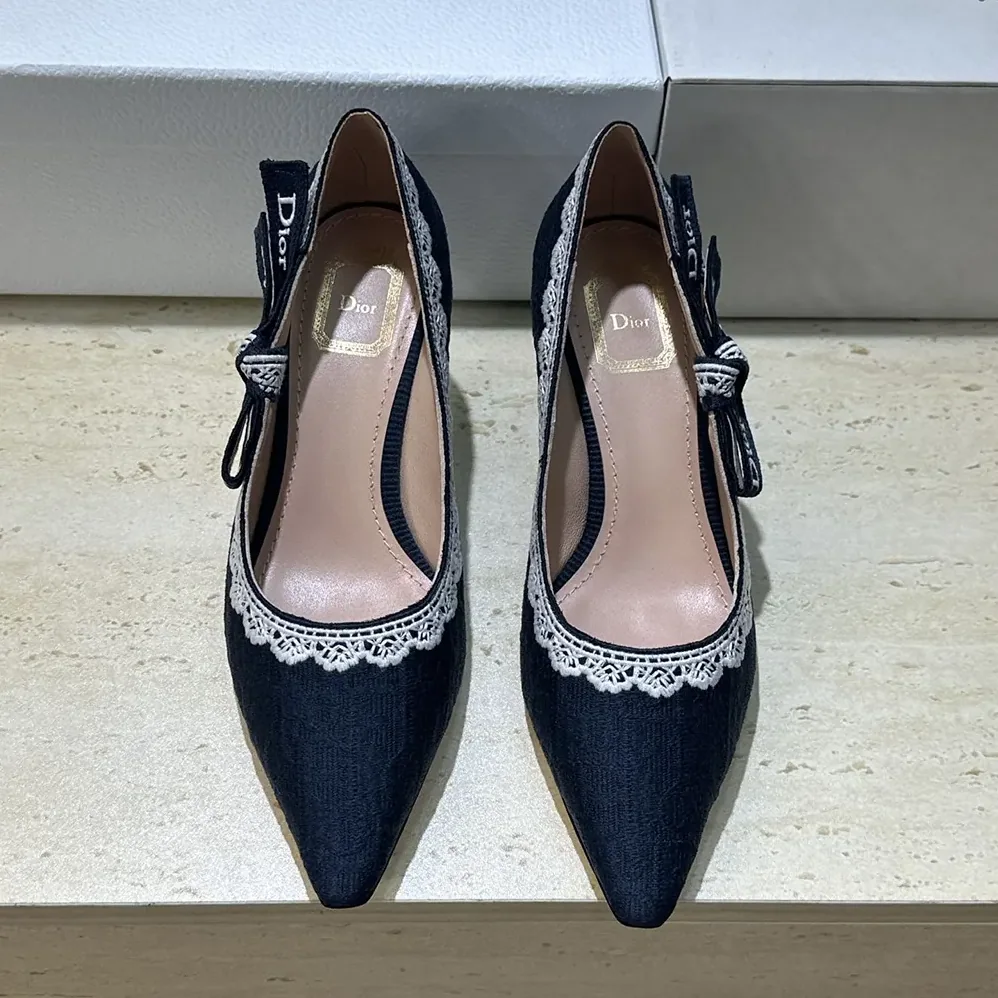 Dior J'Adior Pump Blue Dior Oblique Embroidered Cotton and White Lace for Women Dior J'Adior Pump Blue Dior Oblique Embroidered Cotton and White Lace for Women