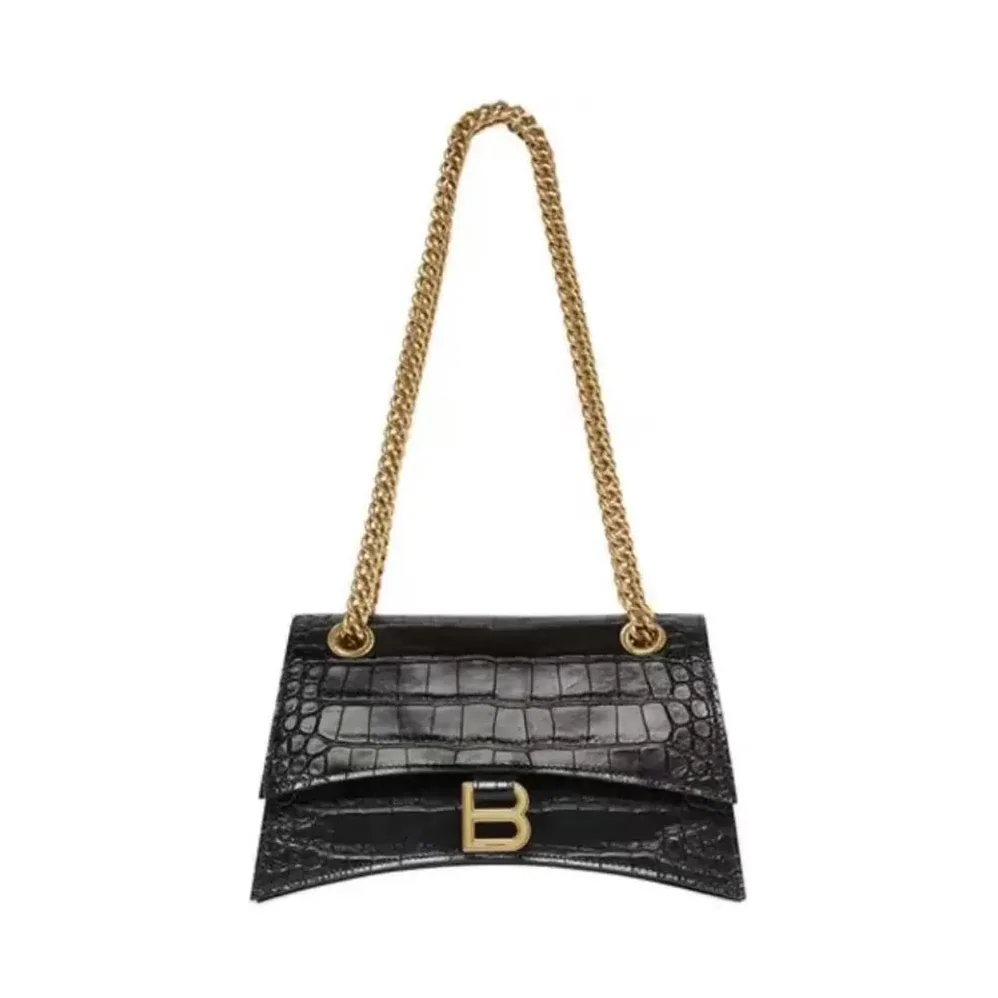 Balenciaga Small Crush Shoulder Bag in Black Shiny Crocodile Embossed Leather for Women