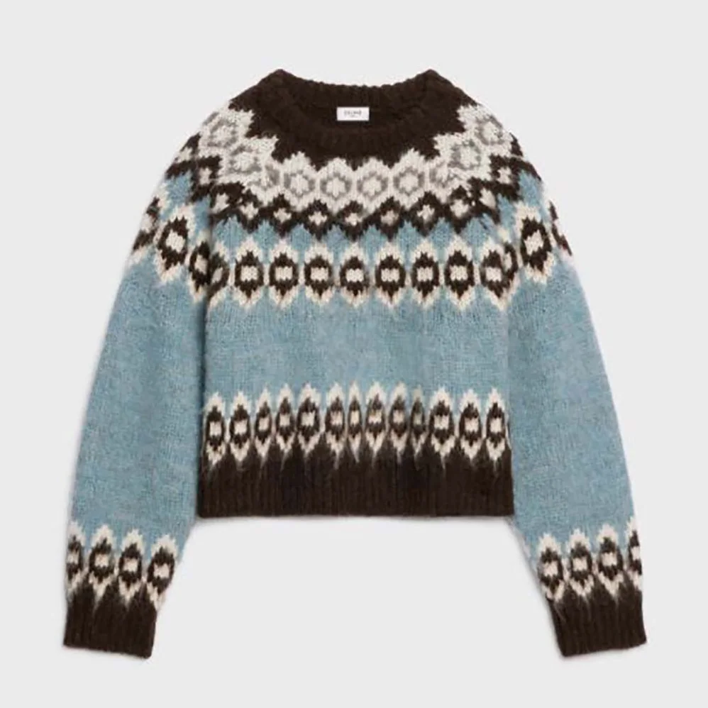 Celine Brushed Wool Crew-Neck Sweater with Fair Isle Detail for Women Celine Brushed Wool Crew-Neck Sweater with Fair Isle Detail for Women