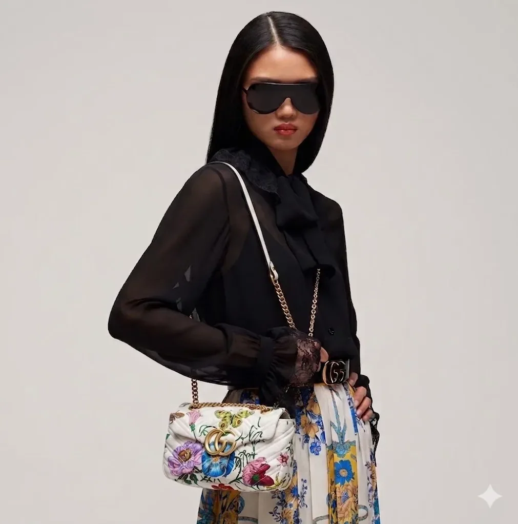 Gucci Marmont Mini Shoulder Bag / White in Multicolor Flora Gold Hardware