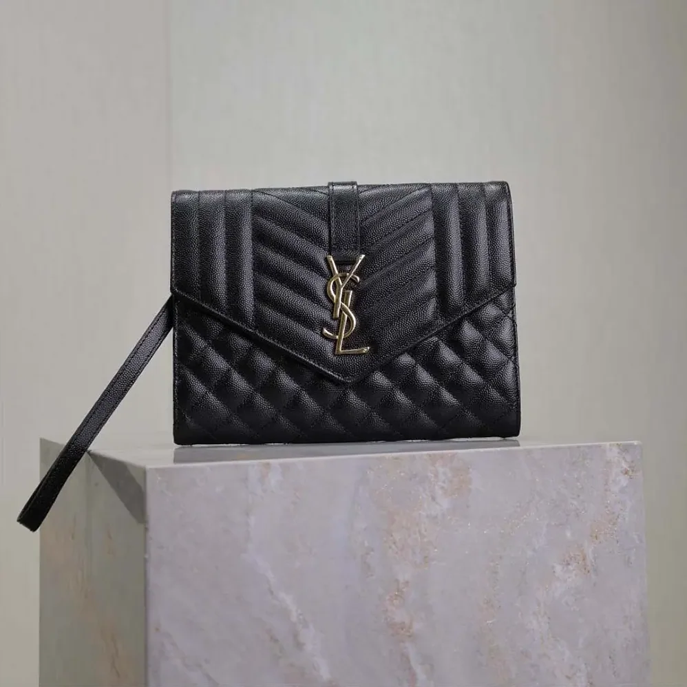 Saint Laurent YSL Envelope Flap Pouch In Mix Matelassé Grain De Poudre Leather Black for Women