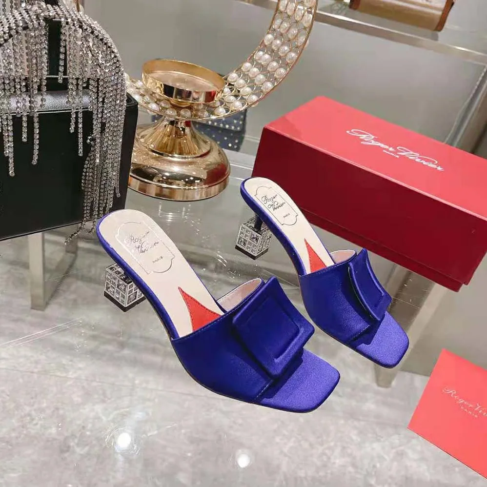 Roger Vivier Cube Strass Heel Mules in Satin for Women in Purple Roger Vivier Cube Strass Heel Mules in Satin for Women in Purple