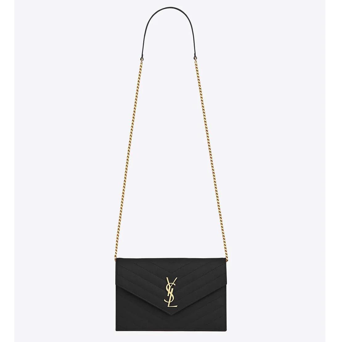 Saint Laurent YSL Medium Monogram Envelope Chain Wallet Gold Hardware in Black Saint Laurent YSL Medium Monogram Envelope Chain Wallet Gold Hardware in Black