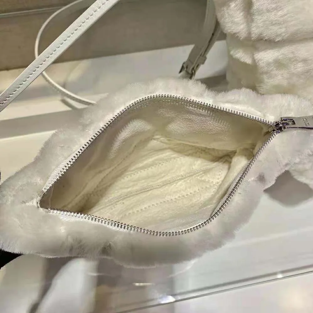 Prada Iconic Triangle Logo Soft Shearling Tote for Women in White Prada Iconic Triangle Logo Soft Shearling Tote for Women in White