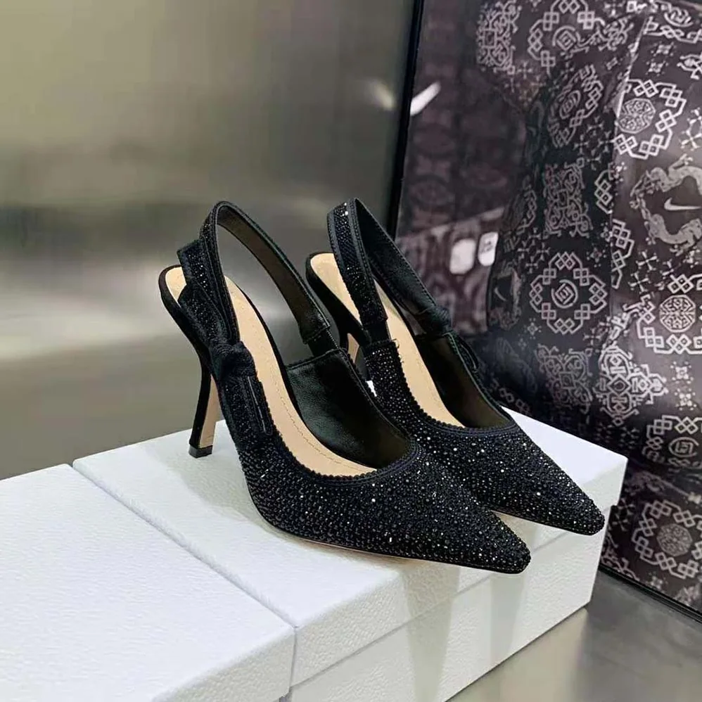 Dior J'Adior Slingback Pump Black Cotton Embroidered with Strass for Women Dior J'Adior Slingback Pump Black Cotton Embroidered with Strass for Women