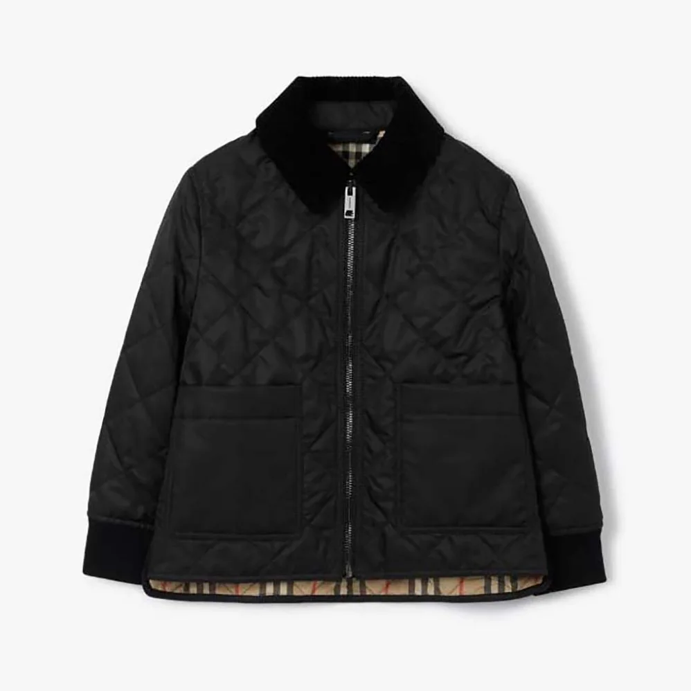 Burberry Kids' Corduroy Collar Diamond Quilted Jacket in Black