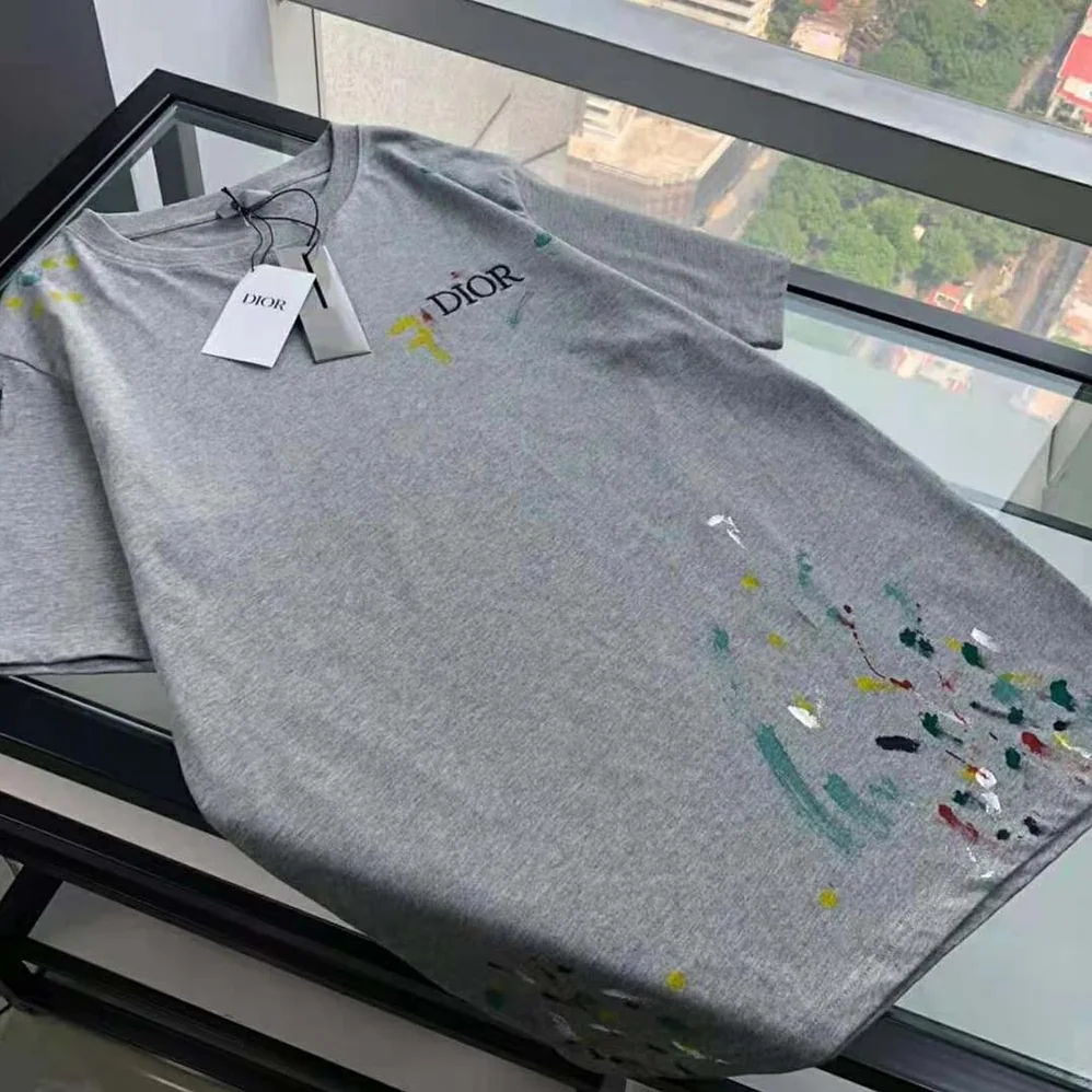 Dior Oversized Dior T-shirt Gray Cotton Jersey with Paint Print for Women Dior Oversized Dior T-shirt Gray Cotton Jersey with Paint Print for Women