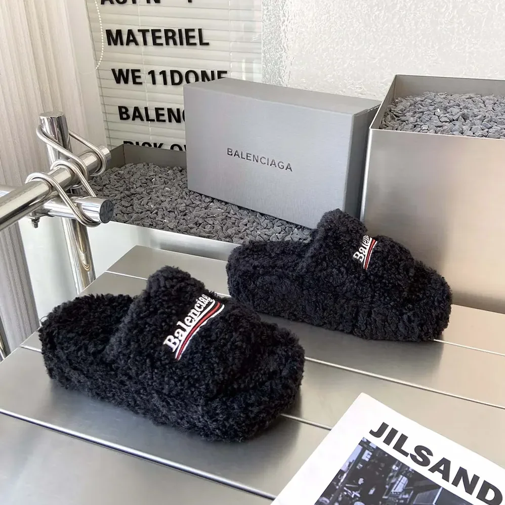 Balenciaga Furry Platform Sandal in Black Fake Shearling for Women Balenciaga Furry Platform Sandal in Black Fake Shearling for Women